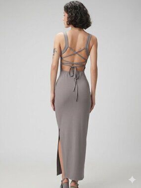 Grey Minimalist Midi Dress XS Square Neck Sleeveless Back Tie Cutout